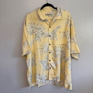 Tommy Bahama Mens Silk Button Up Shirt Yellow Palm Leafs Cooling Hawaiian XXL